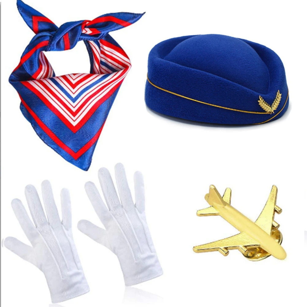 Women Stewardess Costume Set Flight Attendant Hat With Scarf Gloves Glasses Cosplay Costume For Party Supplies