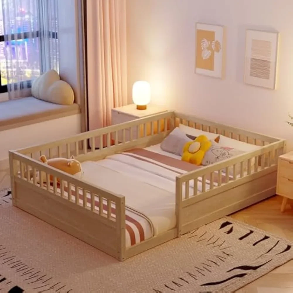 Lit au sol pour enfants, lit Montessori avec garde-corps à haute clôture, lit de maison de jeu en bois avec R64.pour bébés garçons filles adolescents