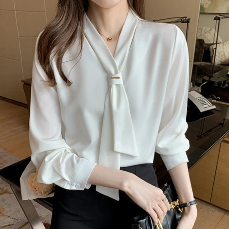 Fashion Chiffon Women Blouses and Tops Elegant Office Long Sleeve White Shirt with Tie V-Neck Loose Female Clothing Blusas 13022