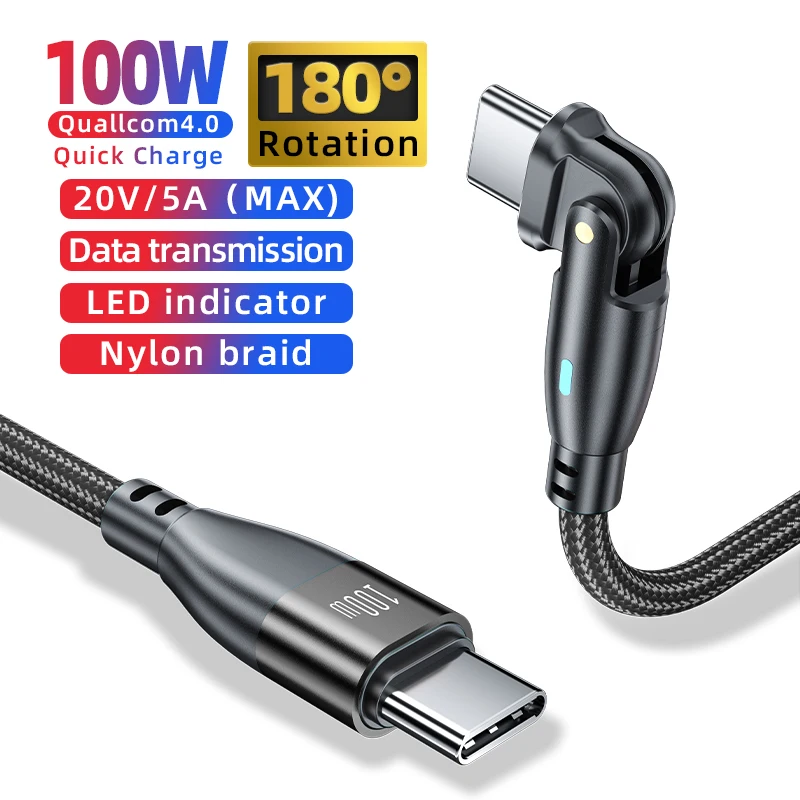 180 Degree Rotate PD 100W USB C to Type-C Cable 5A Fast Charging Data Cord for Macbook Samsung Xiaomi iPhone 17 16 15Promax