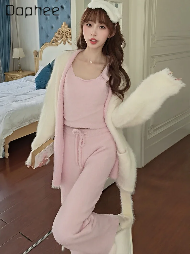 

Sweet Mink Pajamas Three Piece Sets Women Thickened Warm Soft Plush Cardigan + Tank Tops + Lace Up Sleep Pants Home Clothing