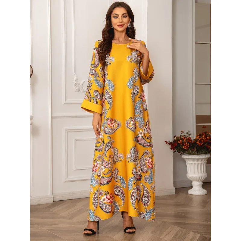 

D2405 Мусульманский женский халат с круглым вырезом, домашнее платье с длинным рукавом и цветочными бриллиантовыми бусинами