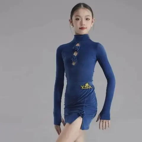 

2026 Autumn/Winter New Style Latin Dance Costume for Girls High-Class Elegant Long-Sleeved Training Set with Velvet Dance Dress