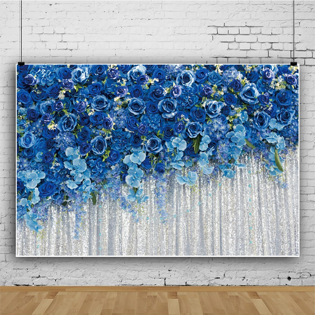 Laeacco Wedding Floral Rose Wall Backdrop Blue Flower White Curtain Valentines Day Bridal Shower Portrait Photography Background