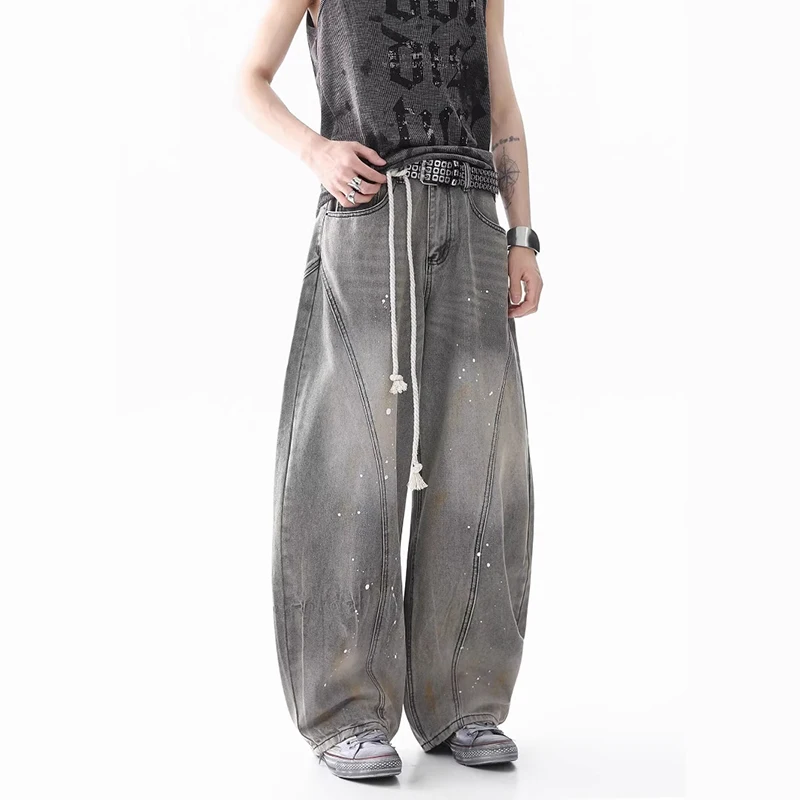 WTHT ファッションメンズグラデーションパッチワーク落書き古いデニムパンツヴィンテージハイウエストワイドレッグジーンズ男性 2025 夏 2A1110
