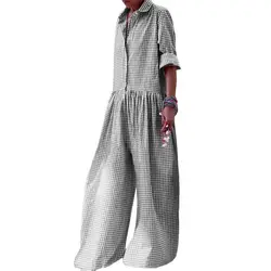 Women Jumpsuit Stylish Check Print Women's Jumpsuit with Long Sleeves Wide Legs Casual Loose Fit for A Fashionable Look Plaid