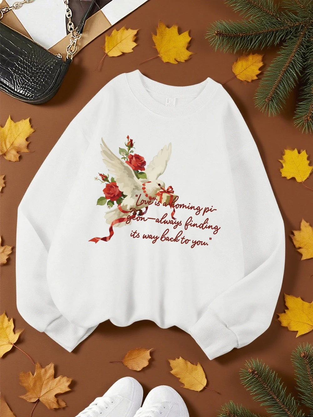 Presente apertado por pombos de longe imprime moletom feminino velo quente inverno hoodie solto casual pulôver crewneck roupas macias