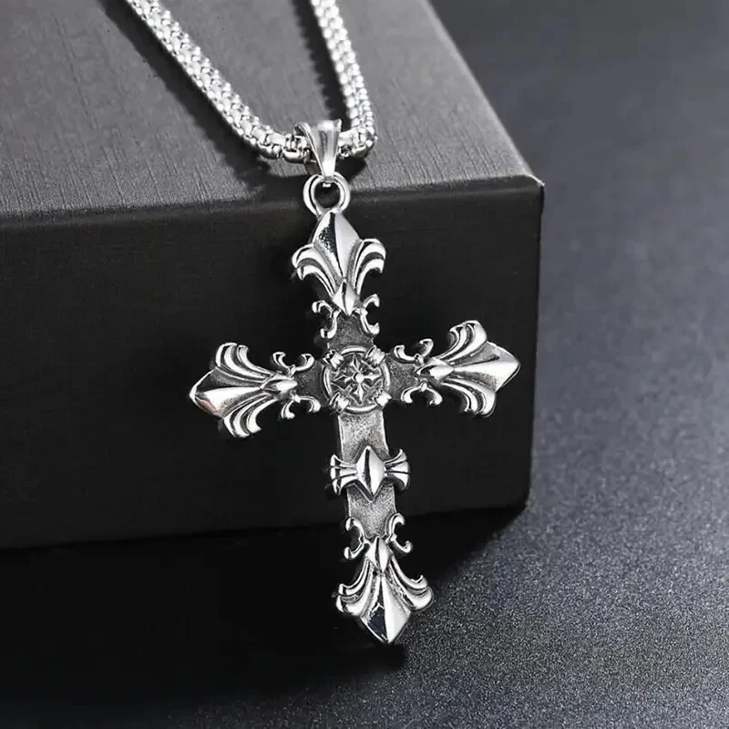 Fashion Metal Chain Necklace Jewelry  for Men Women Unisex Vintage Silver Color Cross Pendant Necklace Punk Gothic Pendant image 2