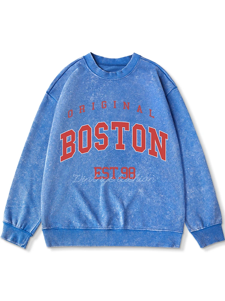 Original Boston Est98 Men Cotton Interesting Cartoon Print Hoodie O-Neck Washed Sweatshirt Retro Distressed Oversize Clothes