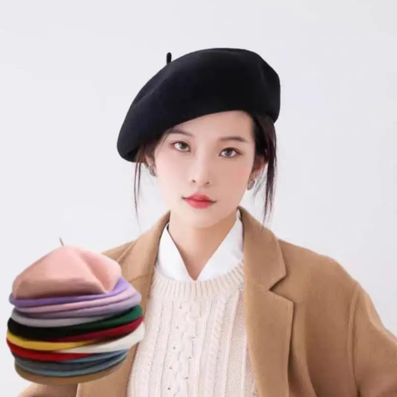 

Girl Beret French Retro Artist Warm Wool Winter Beanie Hat Vintage Wool Casual Solid Color Warm Hats Fashion Casual Beret Cap