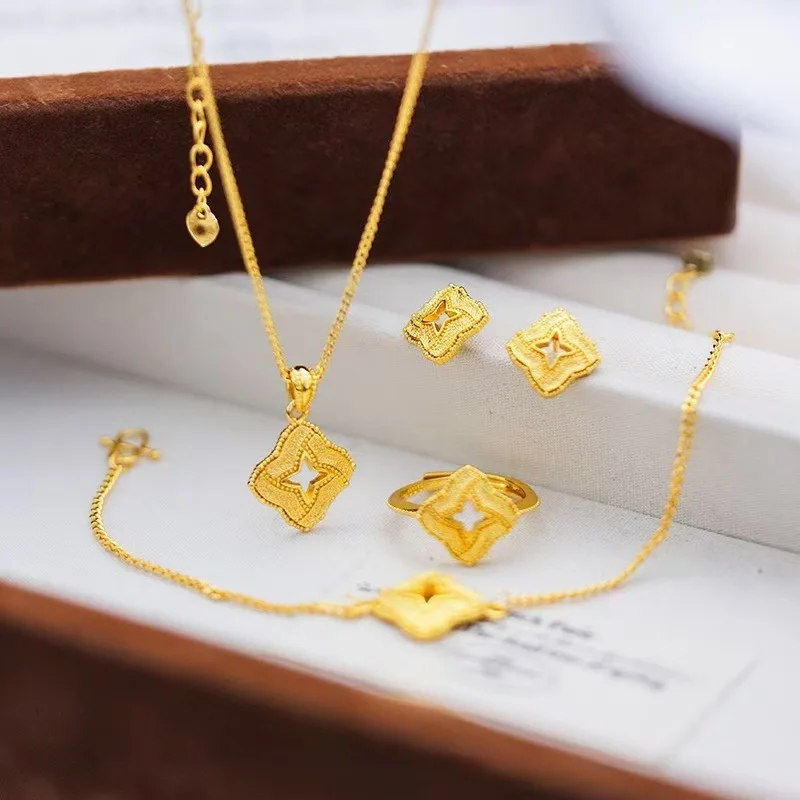 

14k Orginal Gold Color Hollow Out Clover Necklace Set for Women O Chain Ring Earring Bracelet Fine Jewelry Gifts