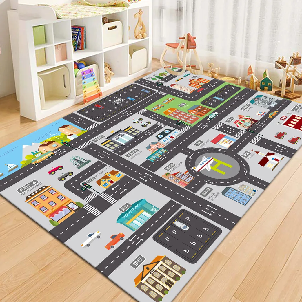 Tapis de jeu pour enfants VIKAMA City Road Map, tapis de sol antidérapant et lavable pour tout-petits, motif de stationnement de ville de dessin animé