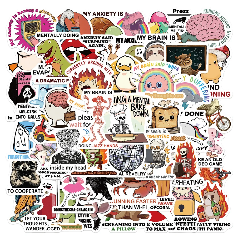 

50PCS Mental Health Anxiety Stickers Funny Sarcastic Meme Mental Breakdown Cartoon Style Decorative Waterproof Stickers Kids Toy