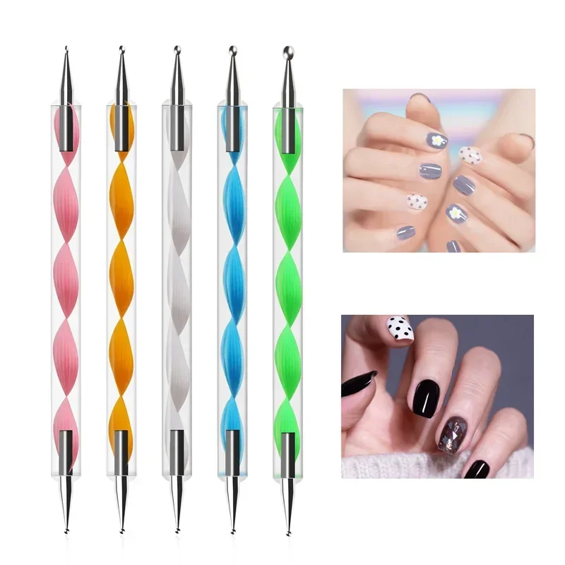 5Pcs Set Nail Art Gel Painting Dotting Pen Acrylic Handle Rhinestone 2 Way Brush Salon Decoration Manicure Tools Kit