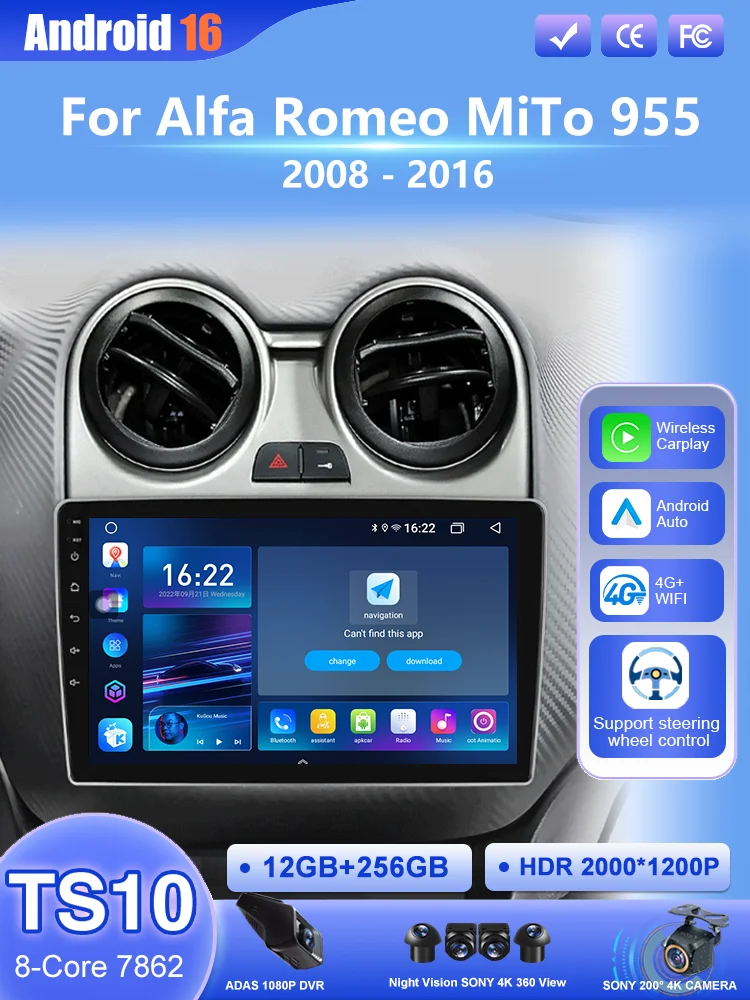 Autoradio Multimedia Video Player Voor Alfa Romeo MiTo 955 2008-2016 Android Auto Carplay GPS Navigatie Stereo WiFi 2K Scherm - afbeelding 2
