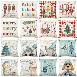 Cartoon Christmas Doll Pillowcases 45x45cm Linen Pillow Cover Santa Claus Snowman Dog Print Cushion Cover Home Sofa Decorations