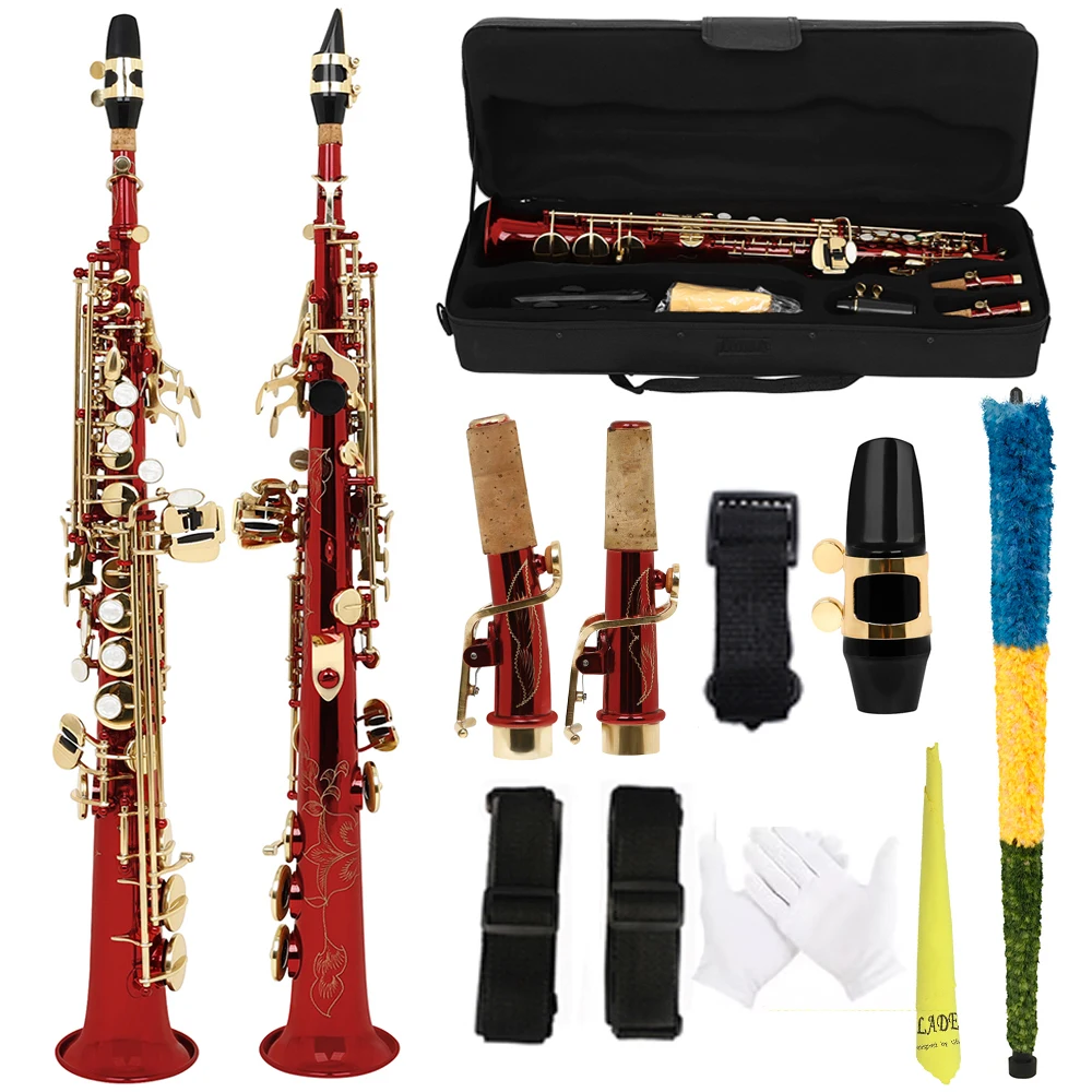 

SLADE Red Soprano Saxophone Standard Bb Straight Soprano Saxophone Brass Body Carved White Shell Keys Sax with Strap Gloves