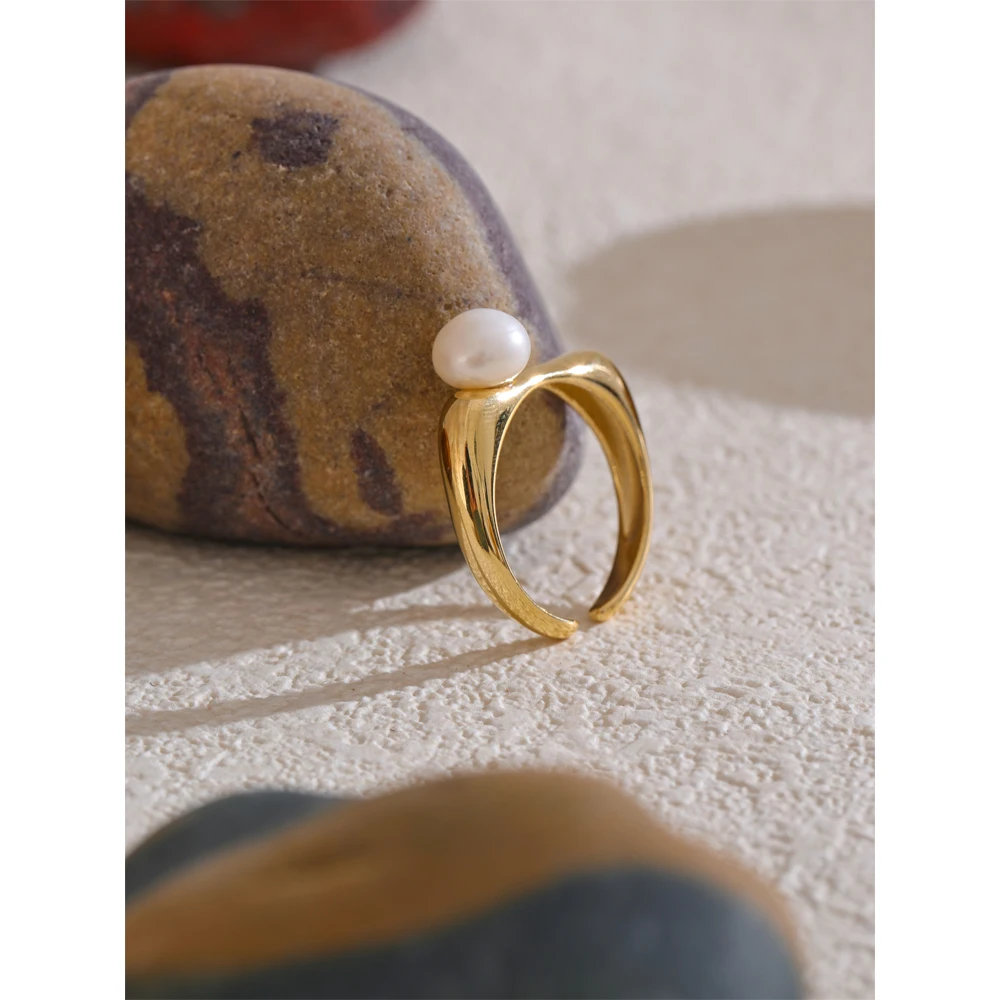 Yhpup 7# Fashion Natural Pearl Delicate Open High Quality Ring 18K Gold PVD Plated Trending Stylish Jewelry New Gift