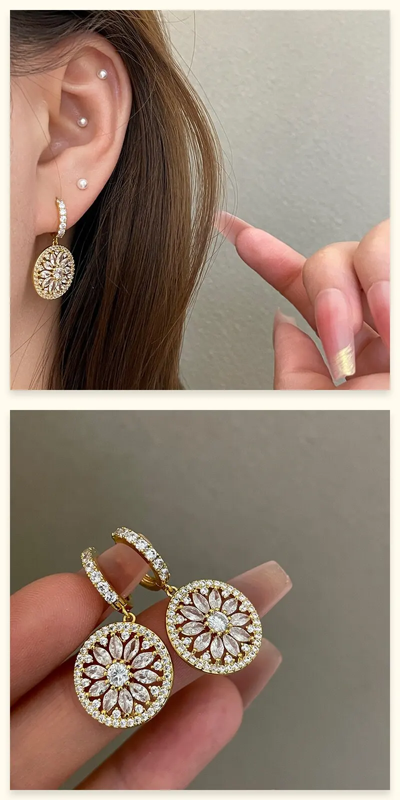 2026 Luxuriöse, glänzende, mikrobesetzte Zirkon-Ohrringe mit 18K Goldplattierung, runde Anhänger für Damen, Vintage-Schmuckzubehör für Hochzeiten und Partys – Detail 4