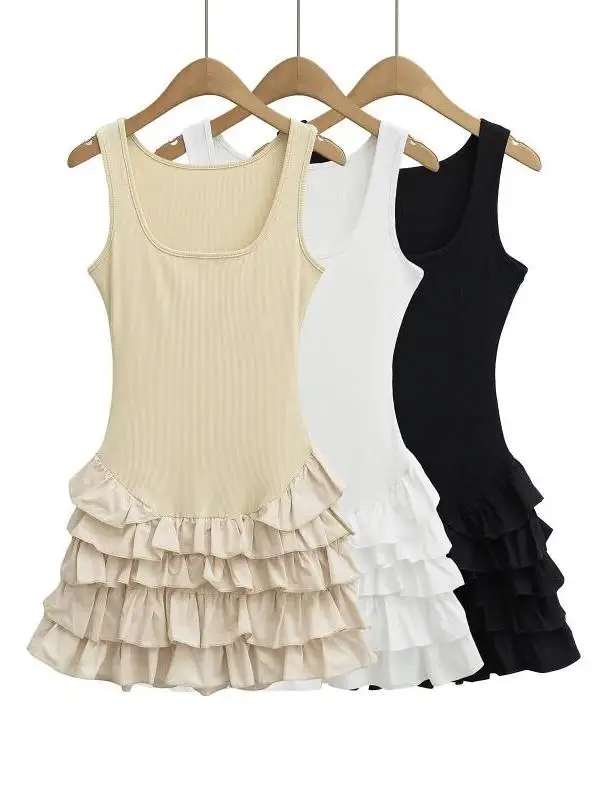 Vestido E com Saia em Camadas, Ajuste Slim, Sem Mangas, Design de Gola Quadrada, Saia Curta Sensual com Detalhes em Re...