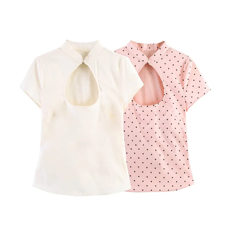 Nuevo top Zhongshan con cuello dividido y estampado de lunares, moderno y versátil, estilo casual.