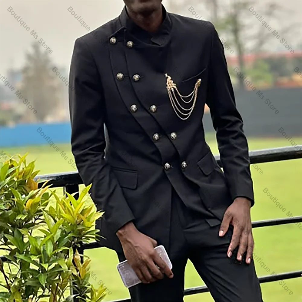 

Chic Double Breasted Black Slim Men Suit Stand-up Collar Business Casual Formal Costume Homme 2 Pcs Set Jacket Pants