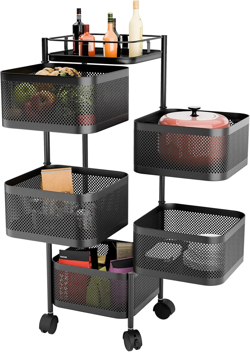 

5-слойная кухонная тележка с местом для хранения на колесах, вращающаяся кухонная полка для хранения без сборки, хранилище для продуктов