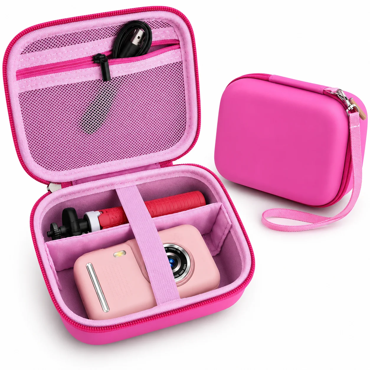 Rosa Kinderkamera-Tasche Harte EVA-Aufbewahrungsbox mit Netztasche, Trennwand und Handschlaufe für Digitalkameras und Stativzubehör (Nur Tasche)