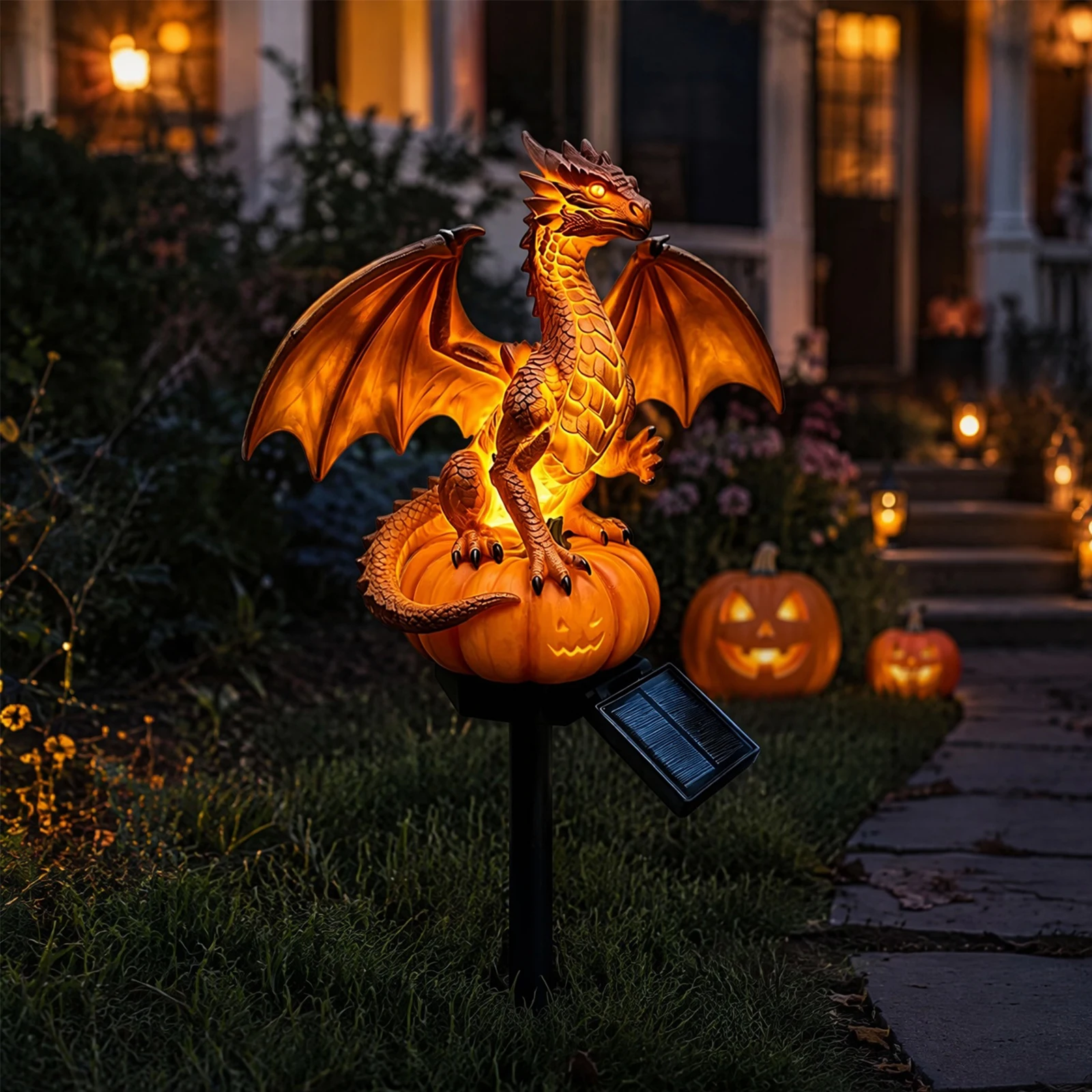 Solar Dragon Stake Garden Light Pumpkin Resin Animal Statue Outdoor Night Lamp Yard Decor