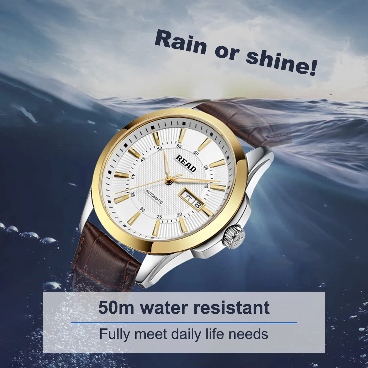 READ Men Automatic Watch | Brown Leather Strap | Two‑Tone Case | Sapphire Glass | Day‑Date Display | 50M Water Resistant