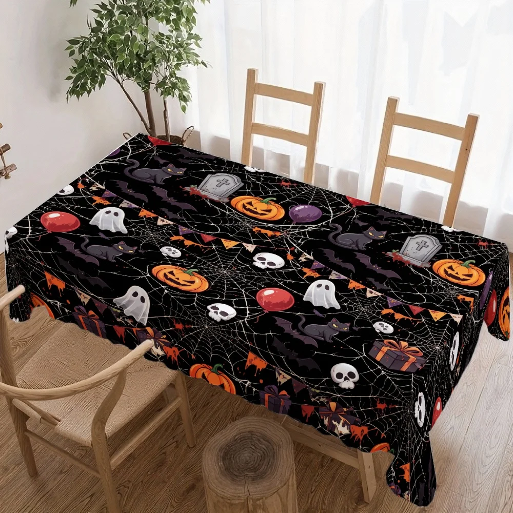 Halloween Rectangle Table Cloth Ghost Black Cat Pumpkin Table Cover Indoor Outdoor Family Halloween Party Table Decoration