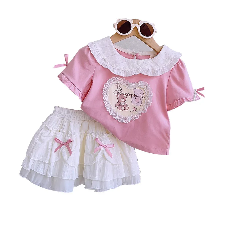 Girls' Summer Outfit New Pink Puff Short Sleeve Ruffled CollarTT-shirt Top Cake Skirt