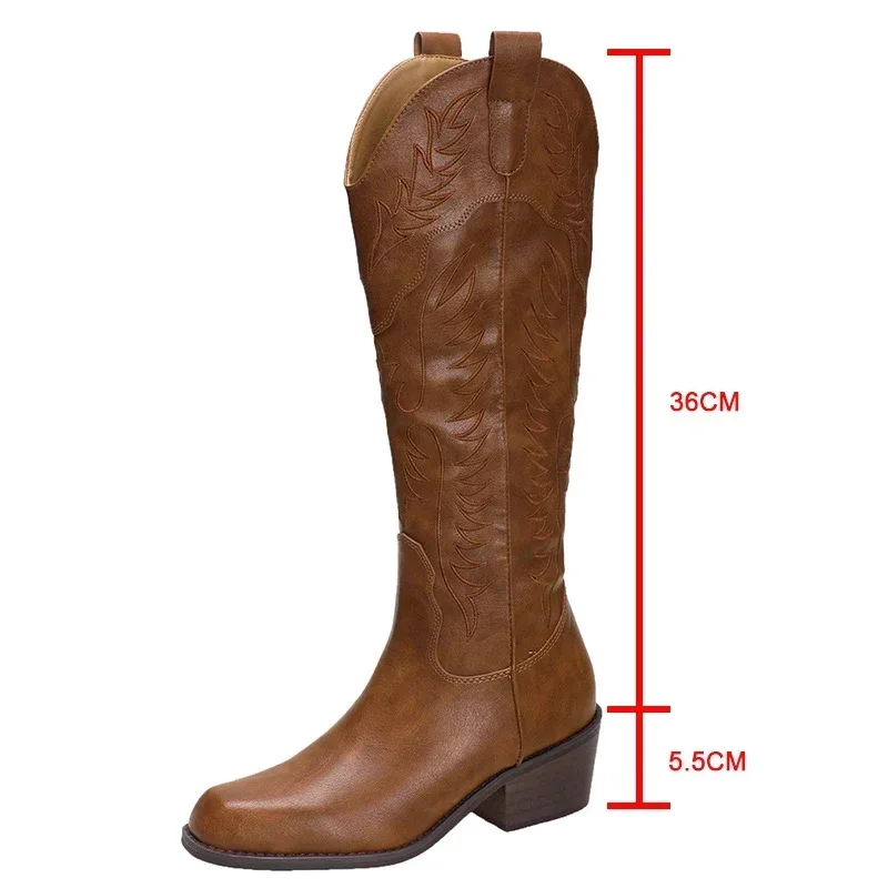 New New Women's Boots  Embroidery Side Zipper Western Cowboy Boot Female Brown Retro Chunky Heel Long Boots Size 35-39