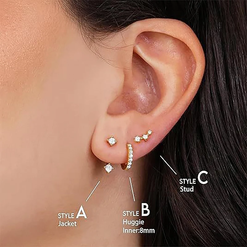 6pcs Trendy Crystal CZ Multiple 3 Holes Cartilage Piercing Earrings Set for Women Tiny Round Huggies Dainty Party Female Jewelry