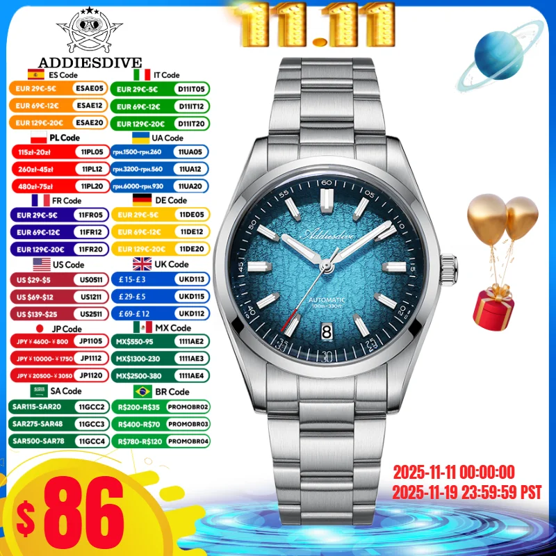 

ADDIESDIVE 39mm Men Luxury Watch 10Bar Waterproof Luminous 316L Stainless Steel 8215 Automatic Mechanical Watch reloj Diving