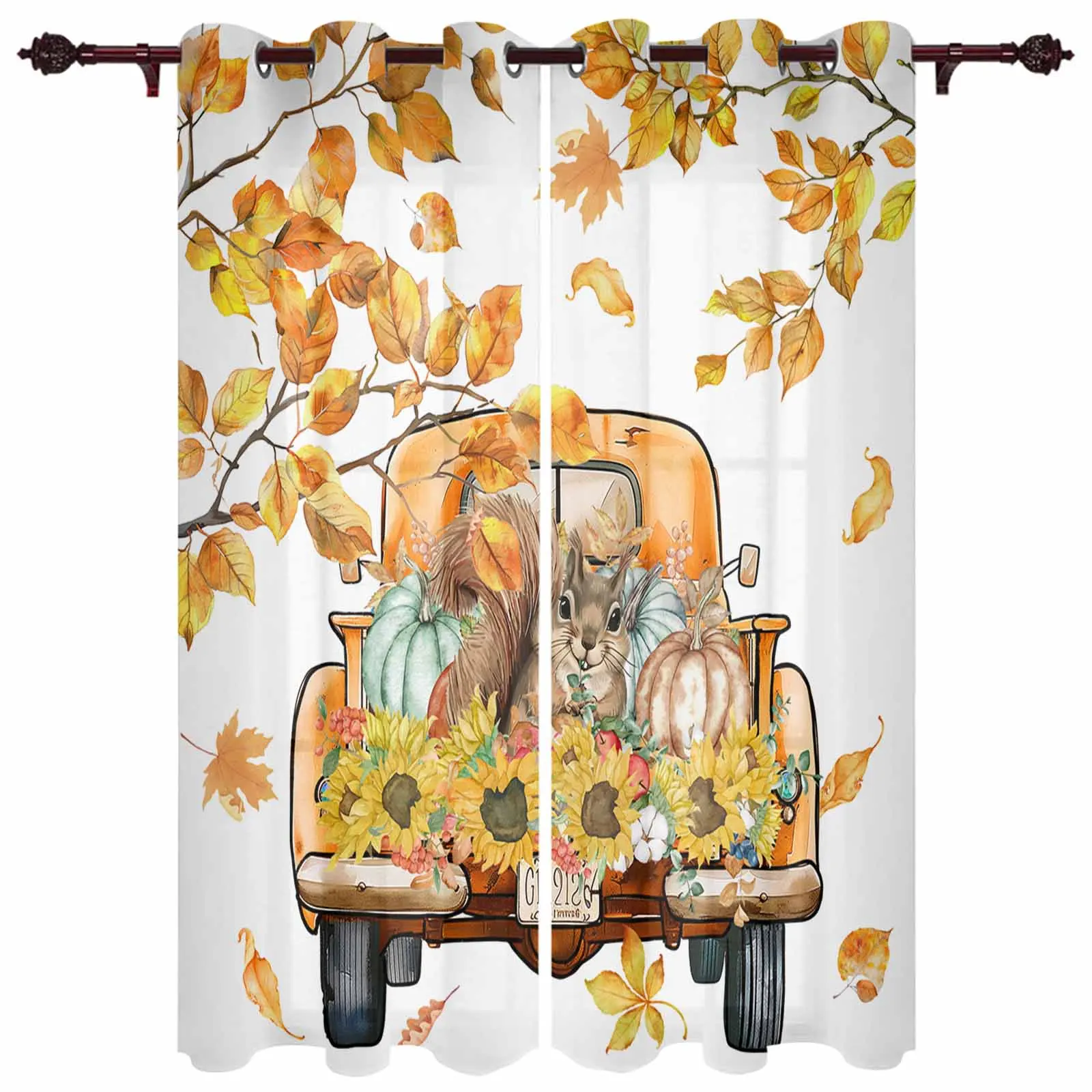 Autumn Pumpkin Truck Squirrel Sunflower Leaves Modern Panels Hall Curtains for Living Room Bedroom Window Curtains Hotel Drapes