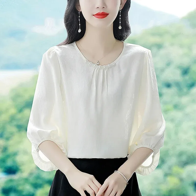 

Women's Satin Blouse Round Neaded 3/4 Sleeve Elegant Casual Top