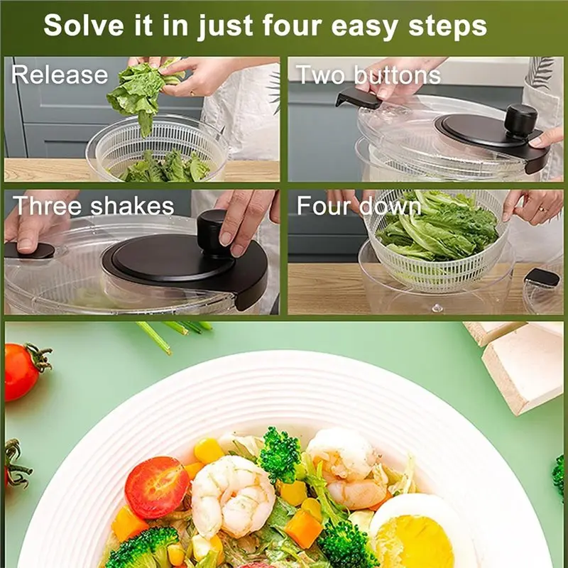M11K-Fruit And Veggie Dryer Salad Spinner Hand Dehydrator, Clear Bowl With Built-In Strainer, Easy To Clean Kitchen Tool