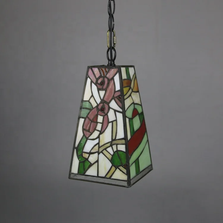 LongHuiJing 6 Inch Tiffany Style Mini Pendant Light Vintage Creativity Rectangle Stained Glass Rose Shade E27 Chandelier Hanging