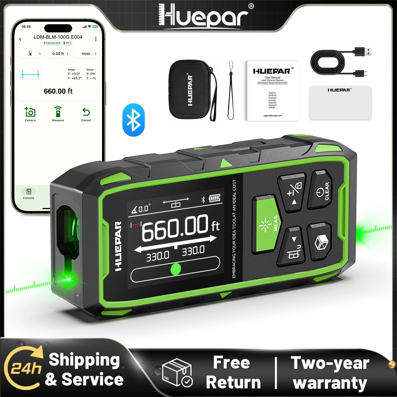 Medidor de Distancia Láser Dual Huepar con Bluetooth, 120M/200M, Láser Verde, Herramienta de Medición con Múltiples Unidades y Pantalla LCD Retroiluminada