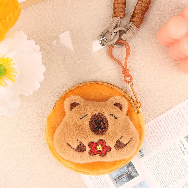 Cartoon Capybara Plush Round Coin Purse Pendant Mini Portable Headphone Storage Bag Phone Lanyard