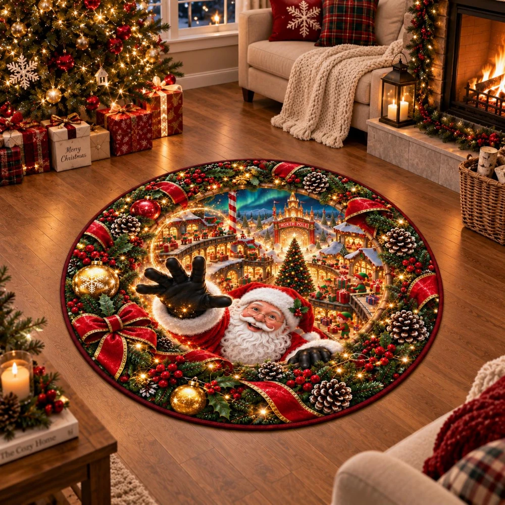 Christmas Santa Claus Round Rug North Pole Town Area Rug Splendid Entryway Living Room Bedroom Soft Floor Mat Gift