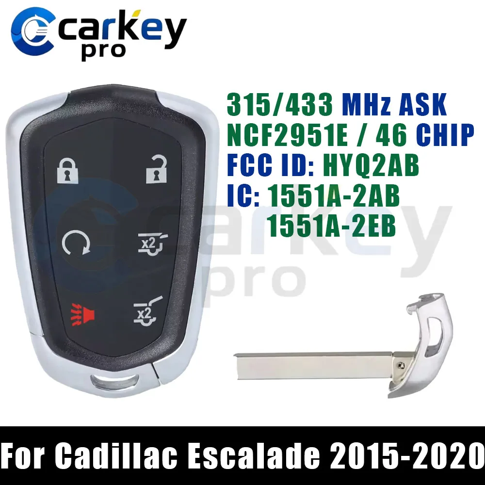 Carkeypro 5+1 Buttons Smart Key 315/433 MHz NCF2951E HITAG 2 46 Chip HYQ2AB HYQ2EB For Cadillac Escalade 2015-2020