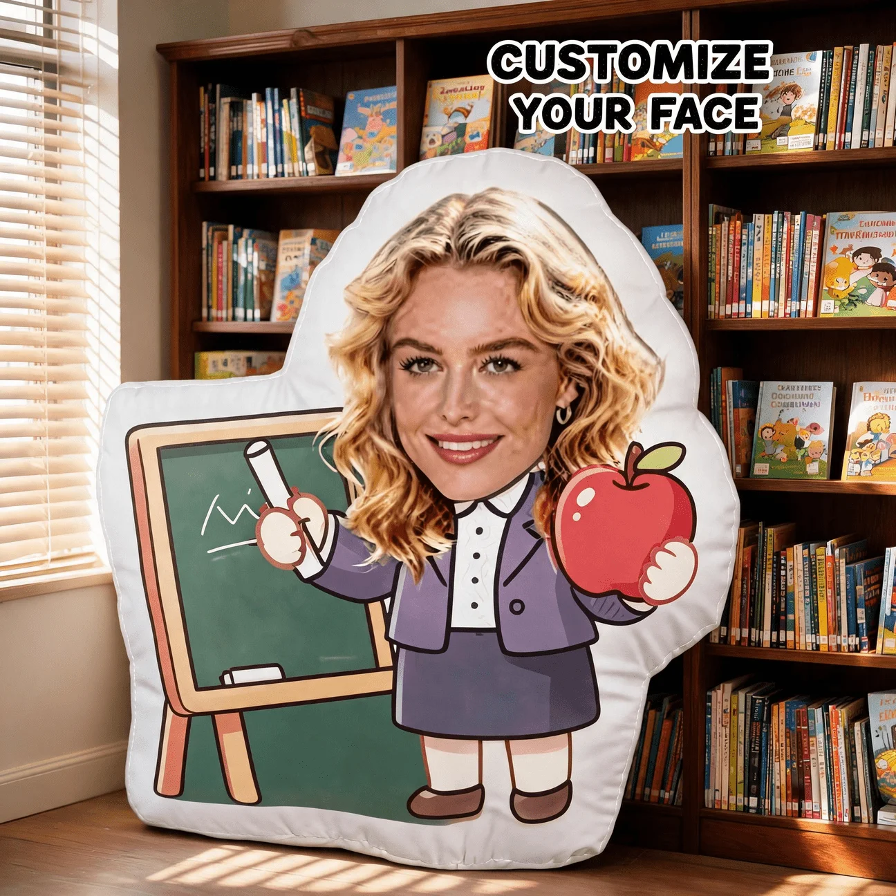 Custom Photo Teacher-Shaped Pillow, Personalized Face with Chalkboard And Apple Decorative Cushion, 70CM Home Decor Accent for S
