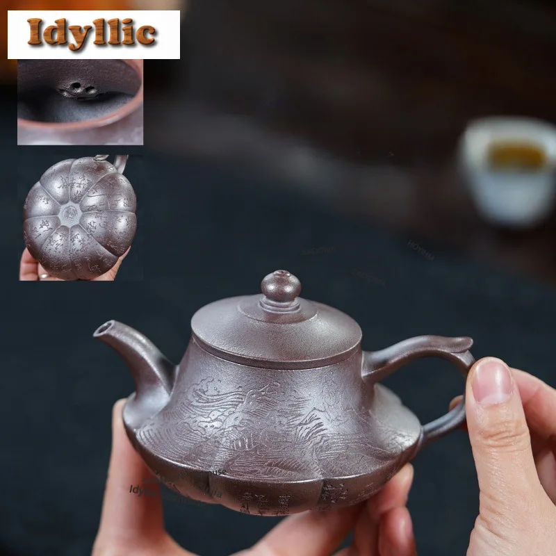 

240ml Exquisite Yixing Purple Clay Teapots Handmade Cloud Furnace Pot Raw Ore Dicaoqing Mud Kettle Zisha Tea Set Tea Items Gifts