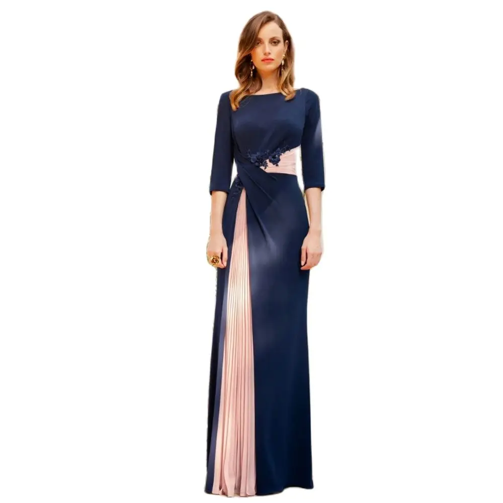 Elegant Navy Blue Mother Gowns 2023 New Contrast Color  of the Bride Dresses 3/4 Sleeves Wedding Guest Dress Back Out