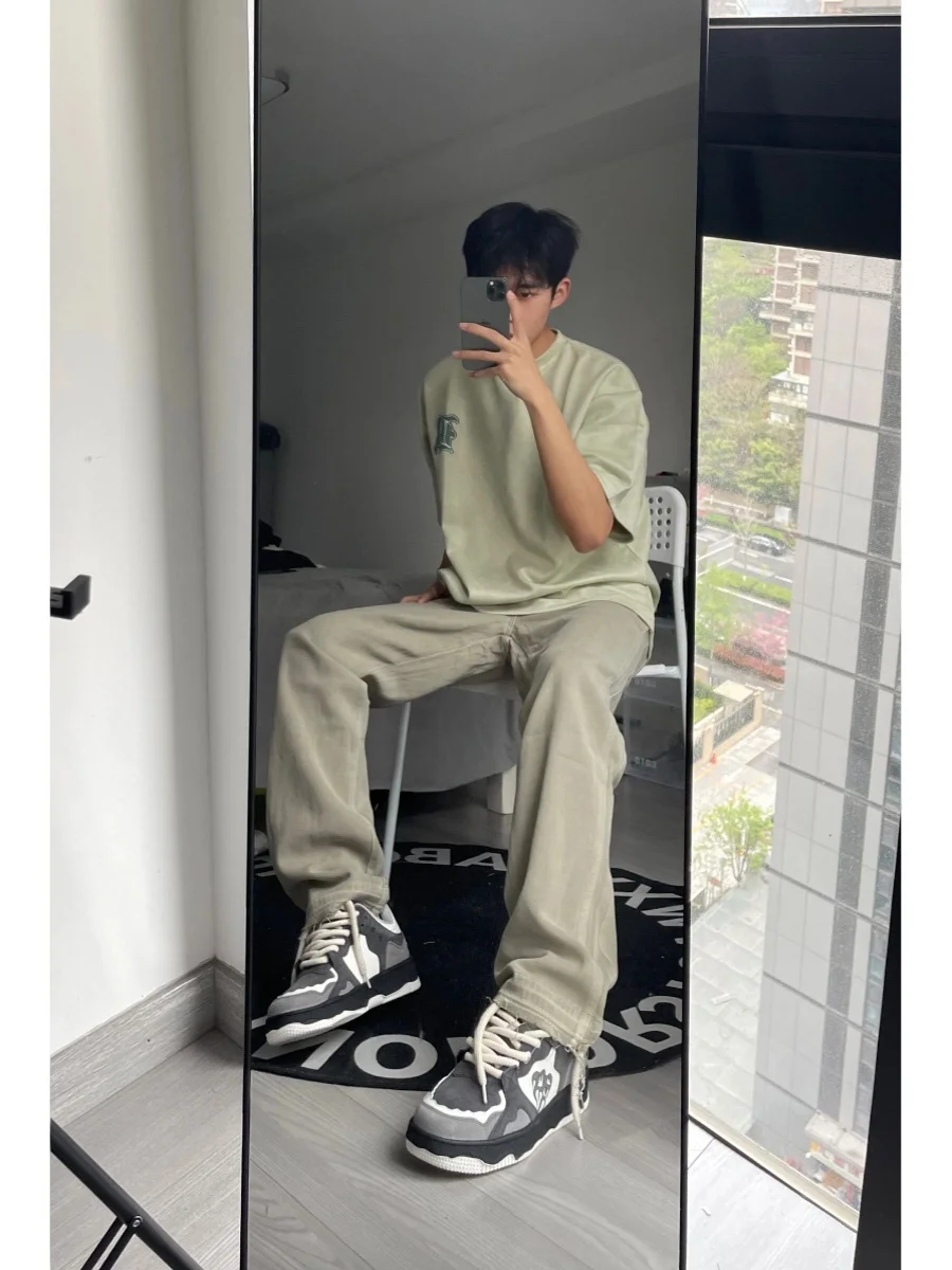 

American Retro Yellow Clay Men's Summer Thin Straight Leg Jeans Wear Resistant Cotton Polyester Youth Faion High Street Vibe