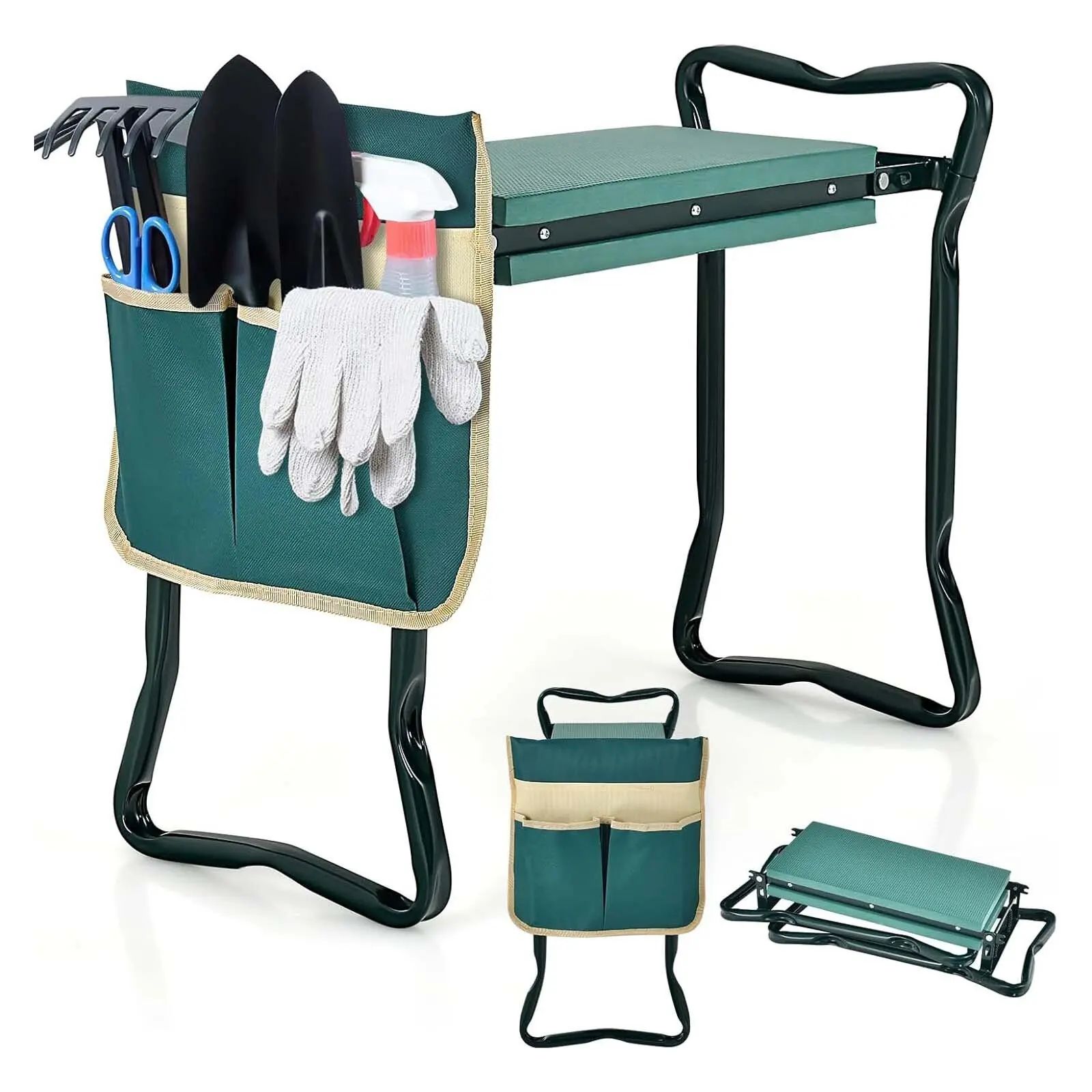Tabouret de jardinage 2 en 1, pliable, avec coussin EVE et 1 sac à outils, protection des genoux