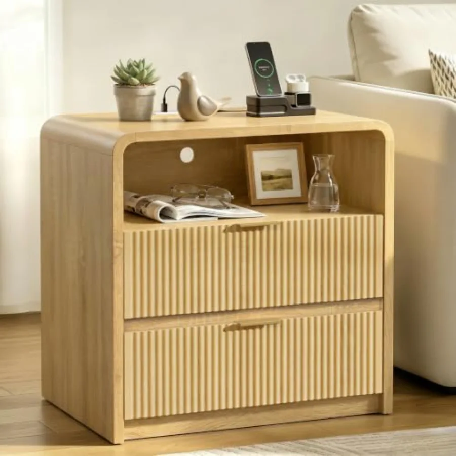 Fluted Nightstand with Charging Station, Modern Curved Bedside Table with 2 Drawers and Open Shelf, Mid Century Wooden Night St