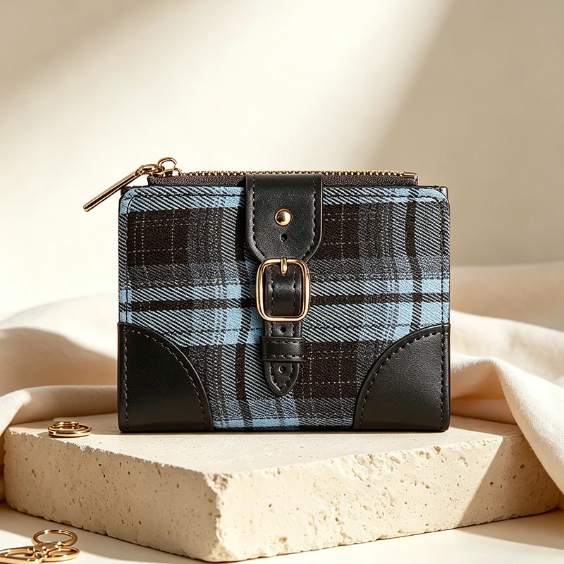 Korean Style Plaid Woolen Fabric Splicing Two Fold Short Wallet Women's Belt Decoration Zipper Buckle Multi Card Slot Coin Purse